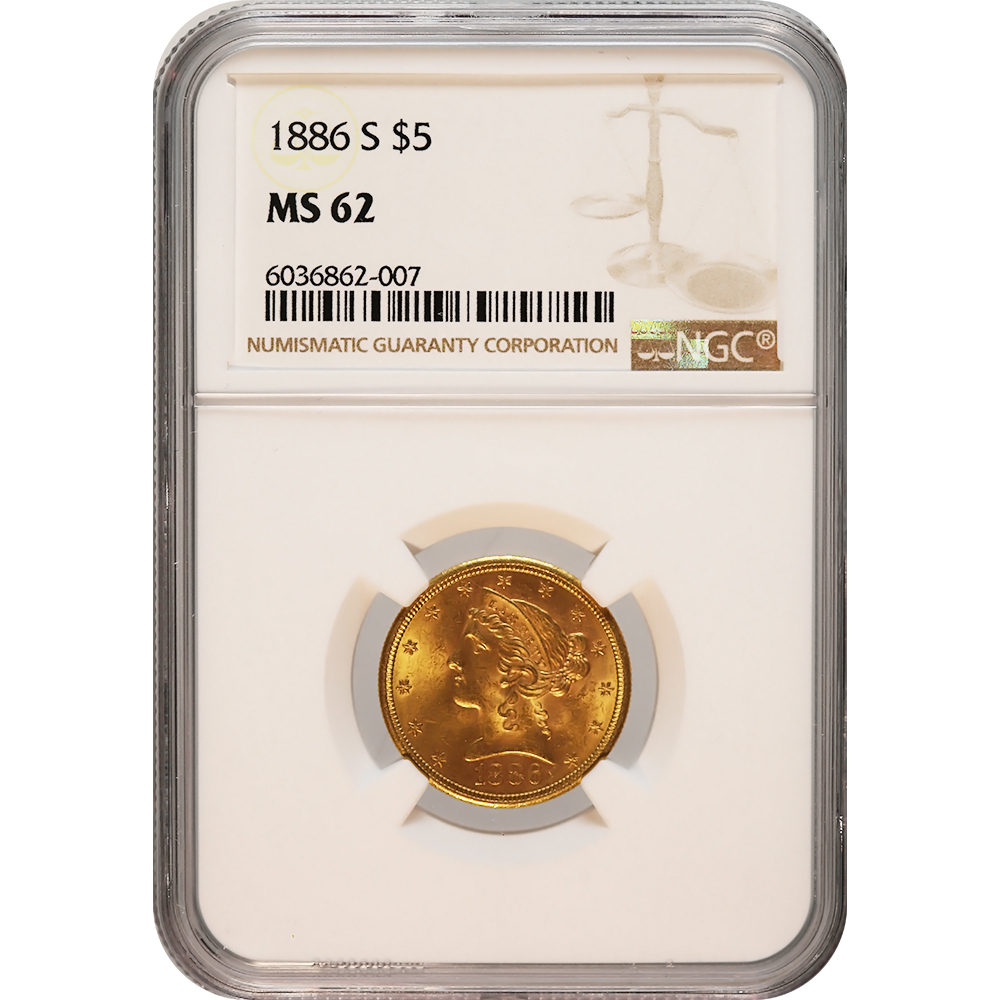 Certified $5 Gold Liberty 1886-S MS62 NGC - Golden Eagle Coins