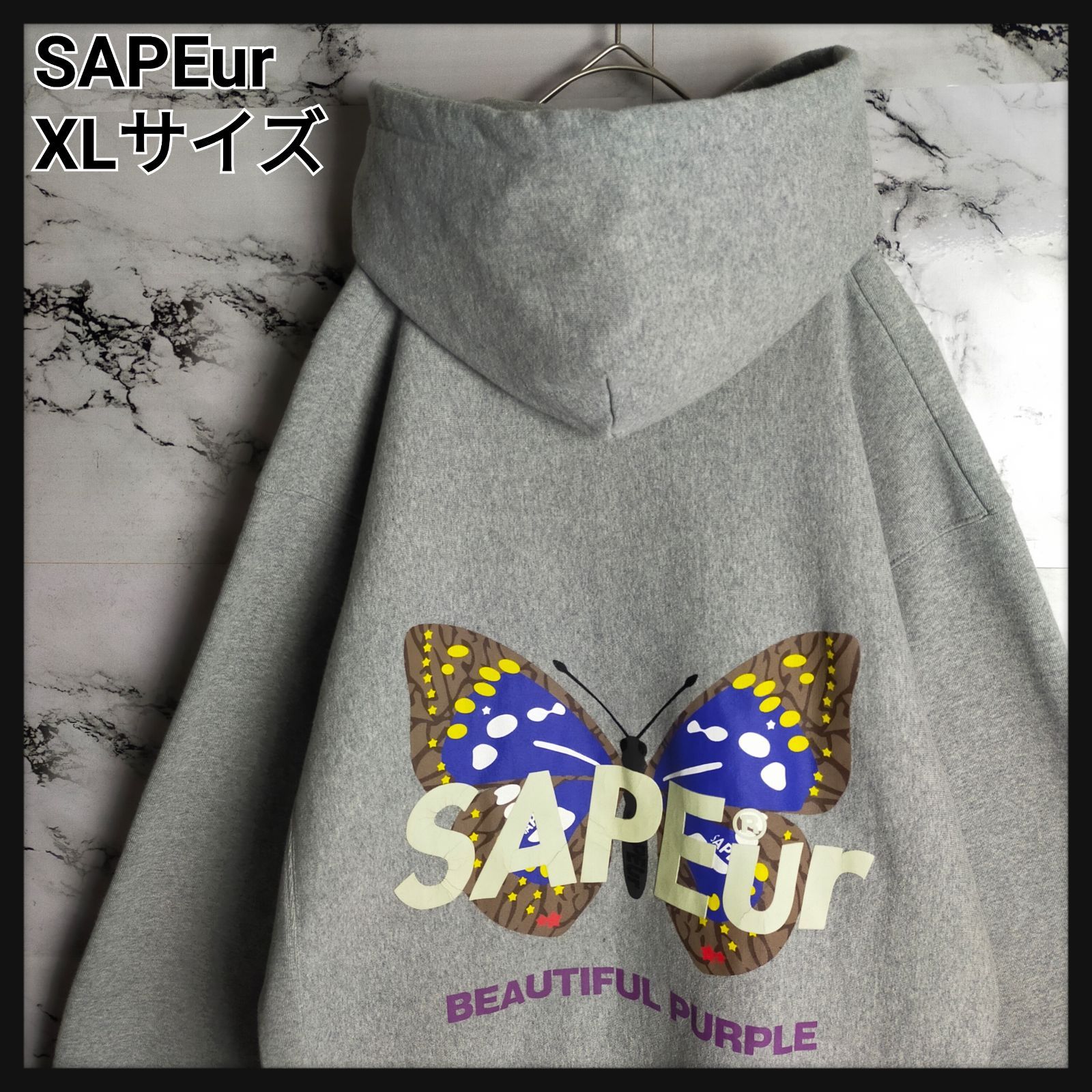 激レア】SAPEur パーカー XL グレー バタフライ 蝶 ロゴ 両面プリント