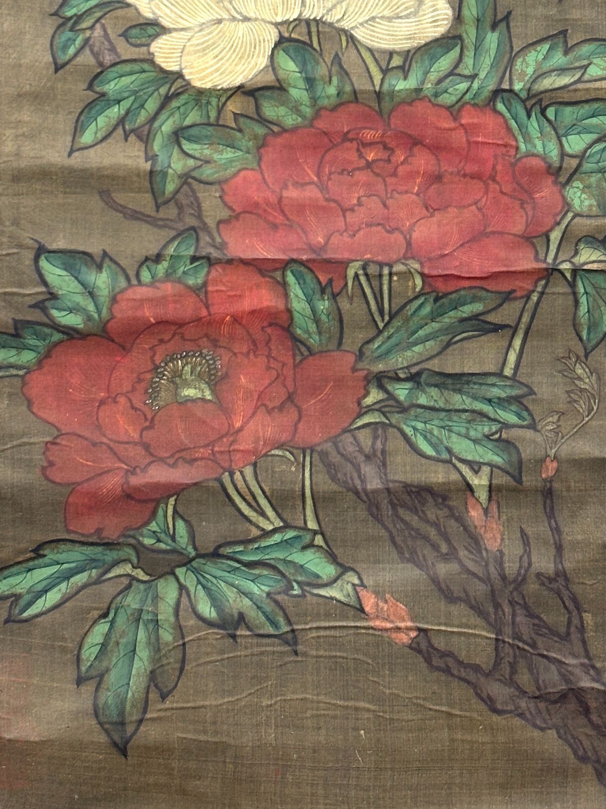 中国画「牡丹蝶眠猫図」無落款 中国書画 唐画 古い掛け軸 絹本牡丹