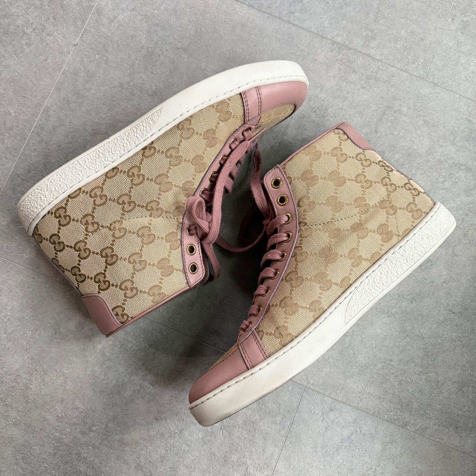 美品 GUCCI グッチ GGキャンバス ハイカットスニーカー ピンク レザー