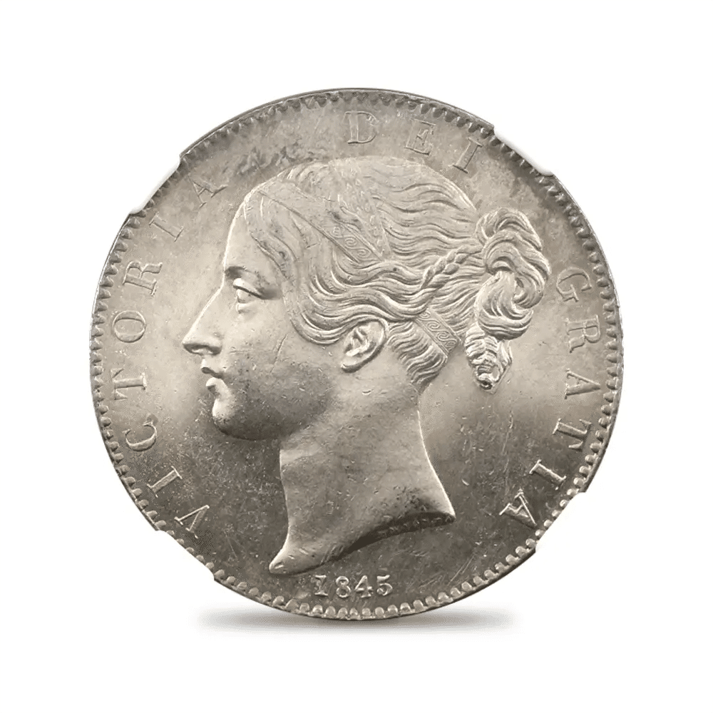1845 ヴィクトリア女王 クラウン銀貨 EXTRA METAL AT PONYTAIL NGC UNC