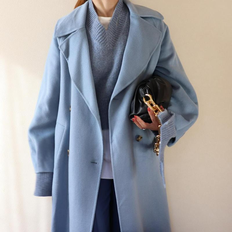 ZARAオーバーサイズウール混紡マンテコブルー水色チェスターステン