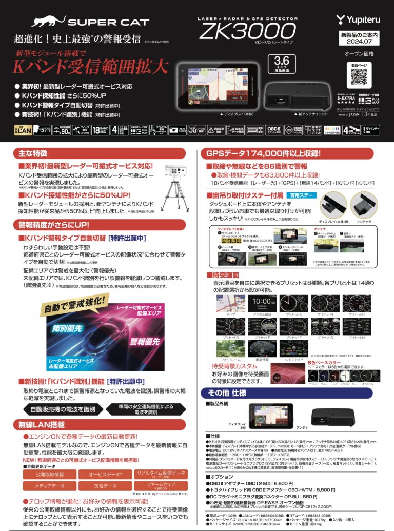 新製品情報：ユピテル製 セパレート型レーダー探知機「ZK3000」登場