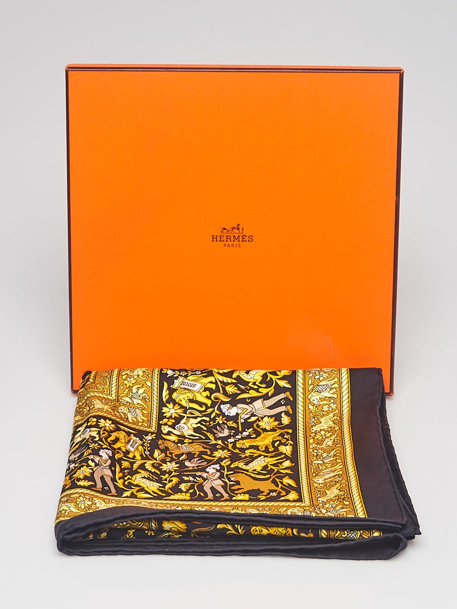 Hermes Black/Gold Silk 'Chasse en Inde' Print Michele Duchene 90cm