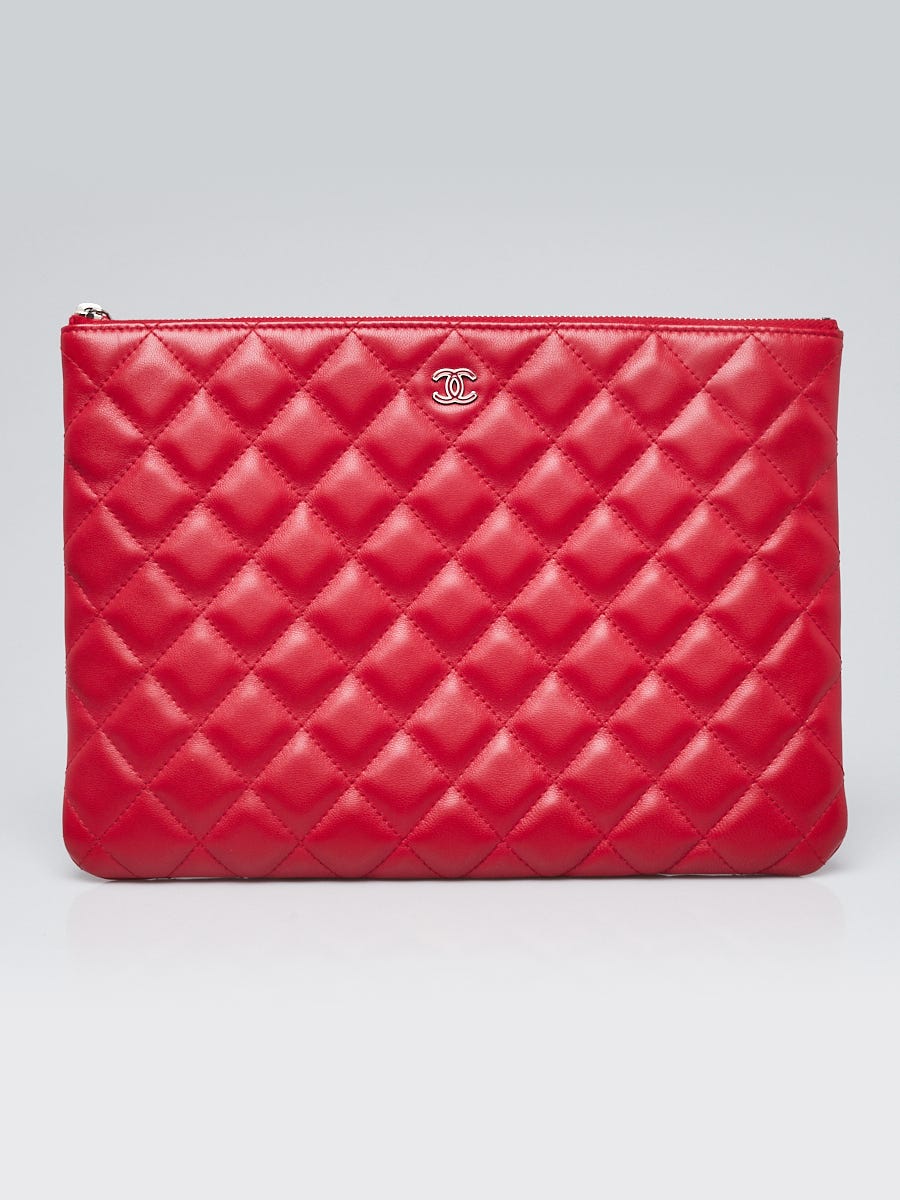 Chanel Red Quilted Lambskin Leather Medium O-Case Zip Pouch