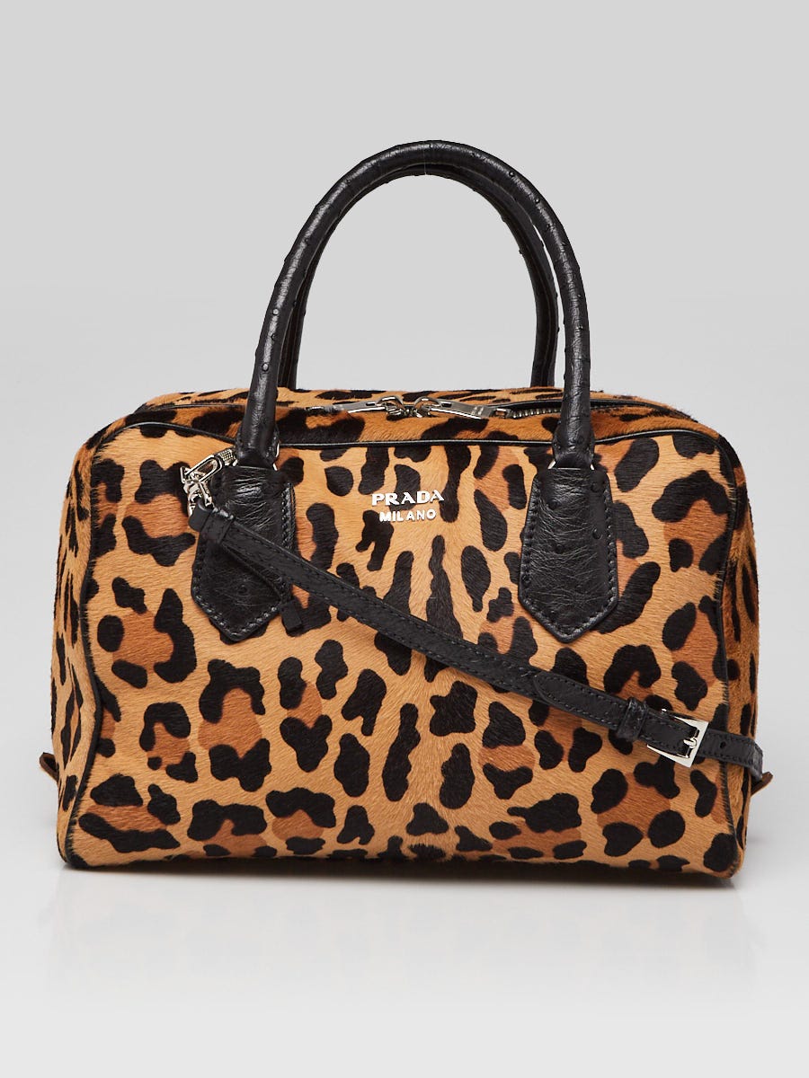 Prada Leopard Print Pony Hair and Ostrich Medium Inside Bag 1BB010