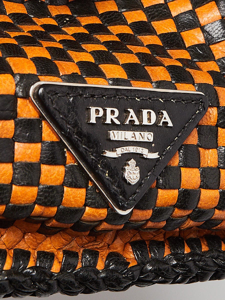 Prada Brown/Black Woven Goatskin Leather Madras Tote Bag | Yoogi's