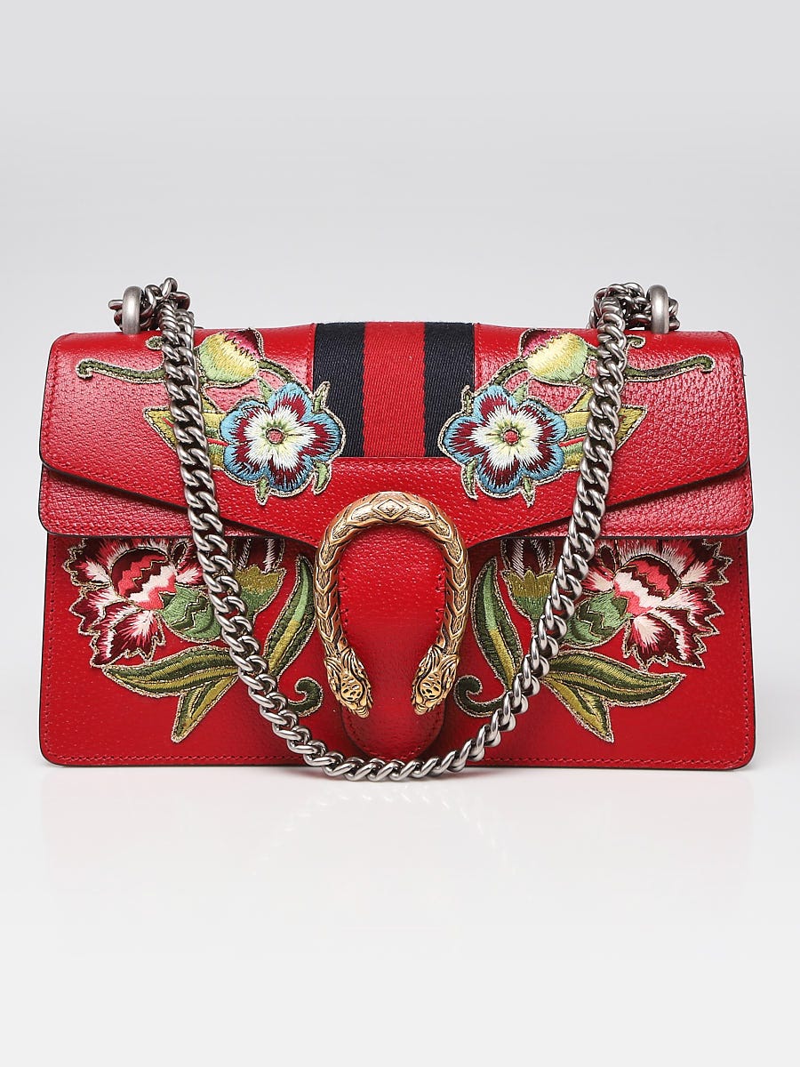 Gucci Red Leather Floral Embroidered Small Dionysus Shoulder Bag