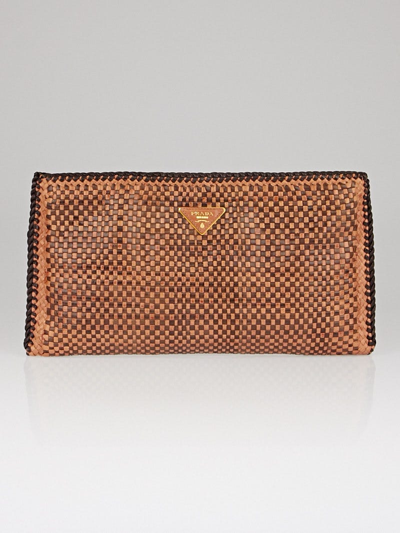Prada Petalo/Caffe Woven Madras Goatskin Leather Clutch Bag BP0406