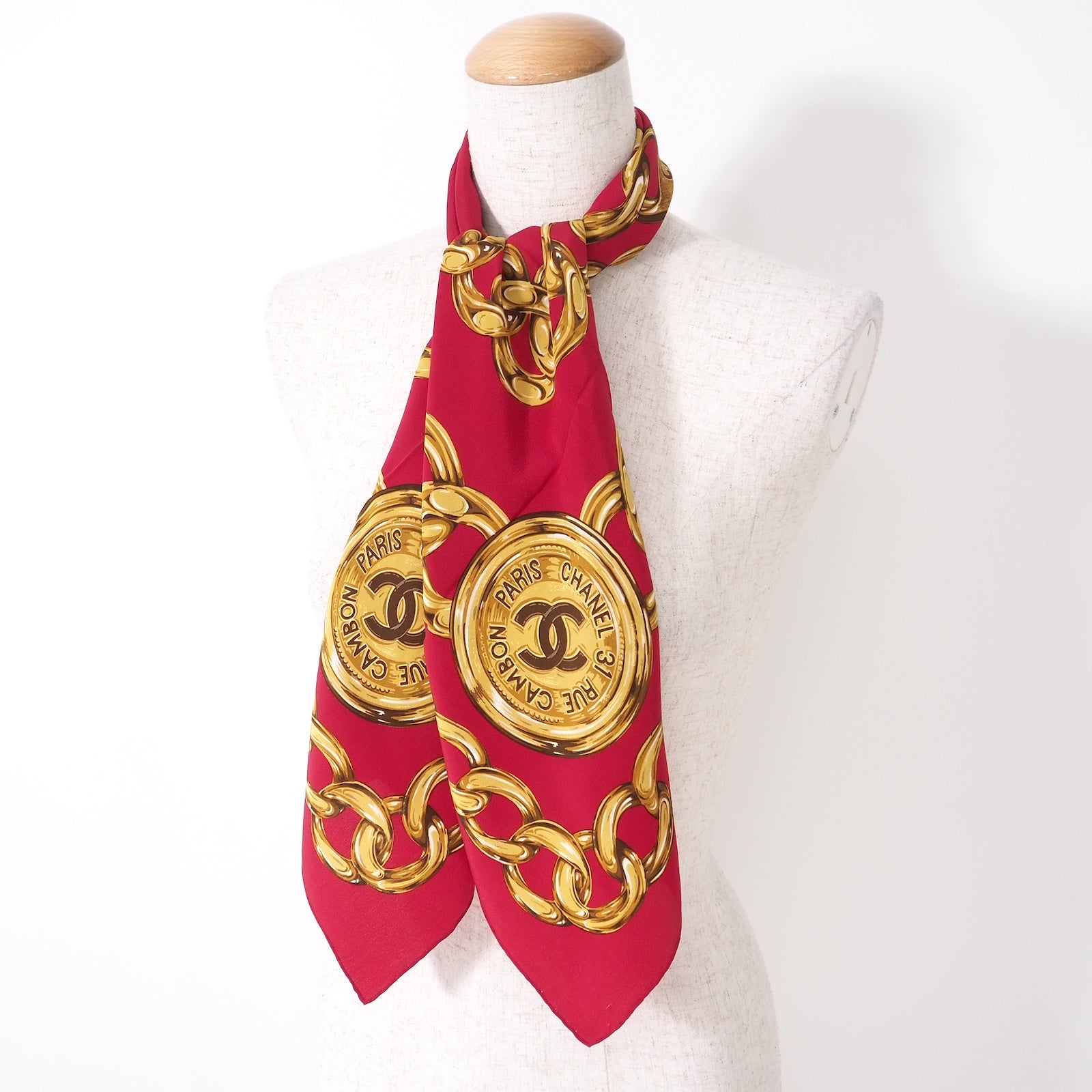 シャネル CHANEL シルク スカーフ 赤 チェーン柄 ベルト 新品 箱付き