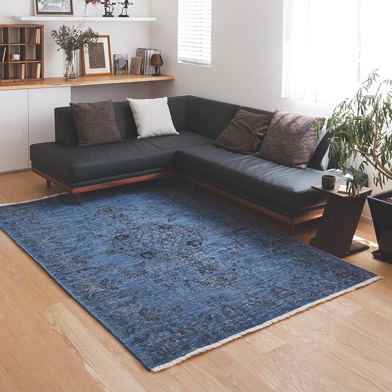 ヴィンテージ風ラグ ウール100％の青いラグ [DP03ブルー] | ボー