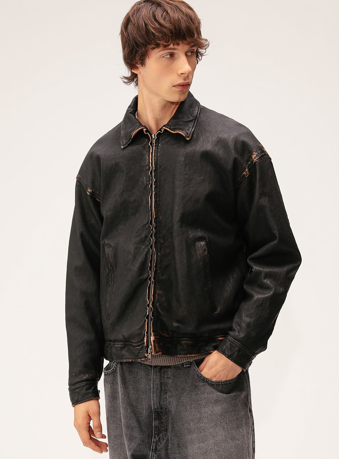 Distressed Leather Zip Jacket