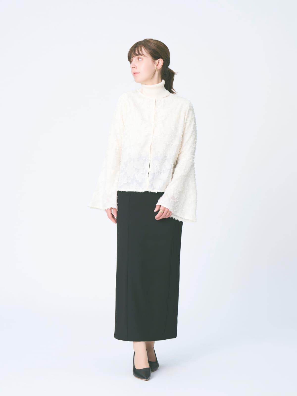 BONLEA フレアスリーブジャガードブラウス