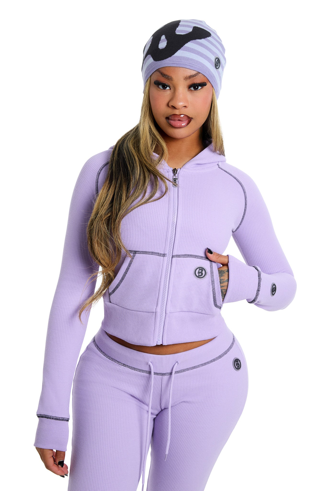 WAFFLE KNIT HOODIE (LAVENDER/BLACK) — Body by Raven Tracy