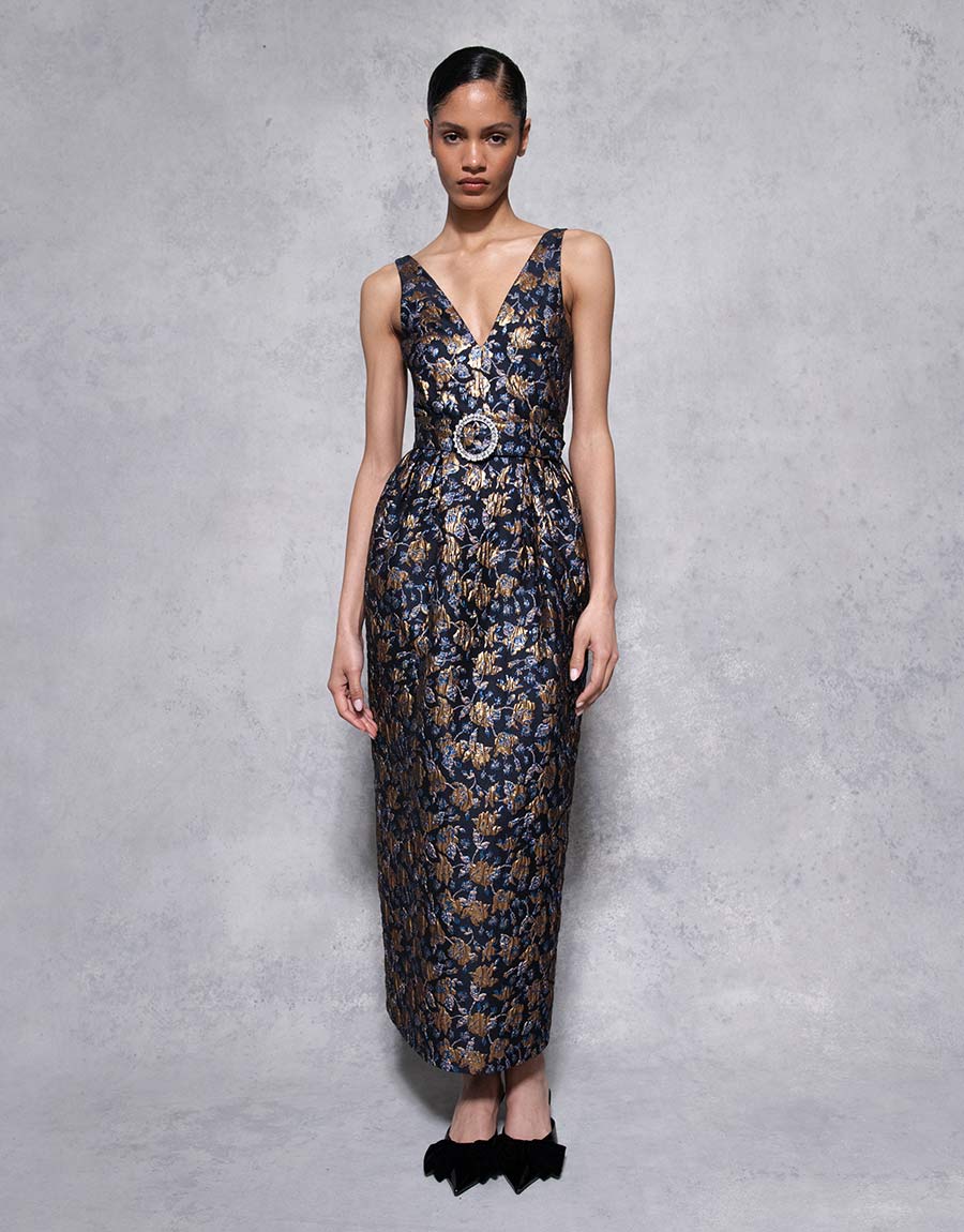 Jules Floral Jacquard Midi Dress - Navy/Gold - SALE – Borgo de Nor