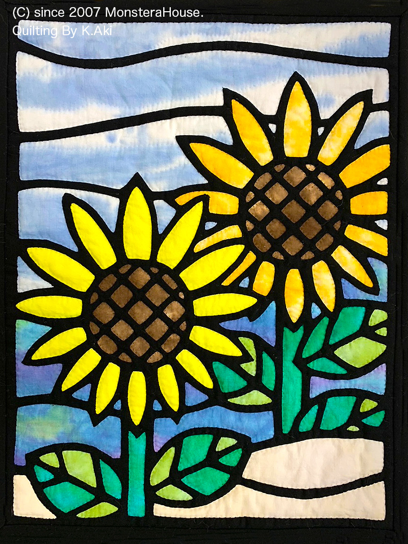 新作】向日葵のステンドグラスキルトタペストリー - 認定