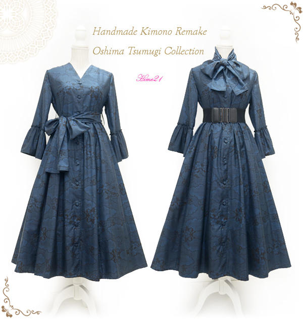 大島紬】Vネック袖フリルワンピース・ロング丈・長袖(紺色/雲花模様5