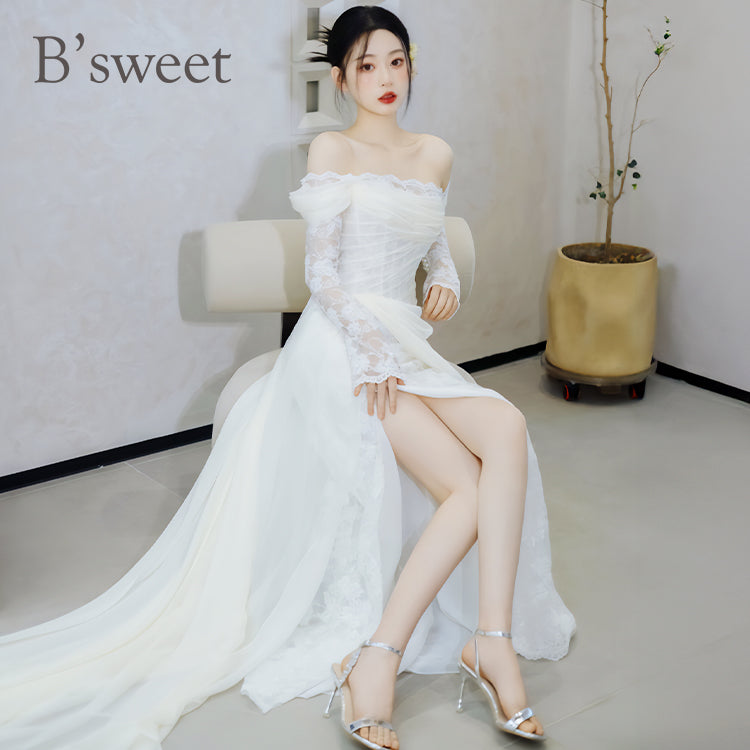 wd703sx】レーススリーブオフショルダースリットドレス スレンダー