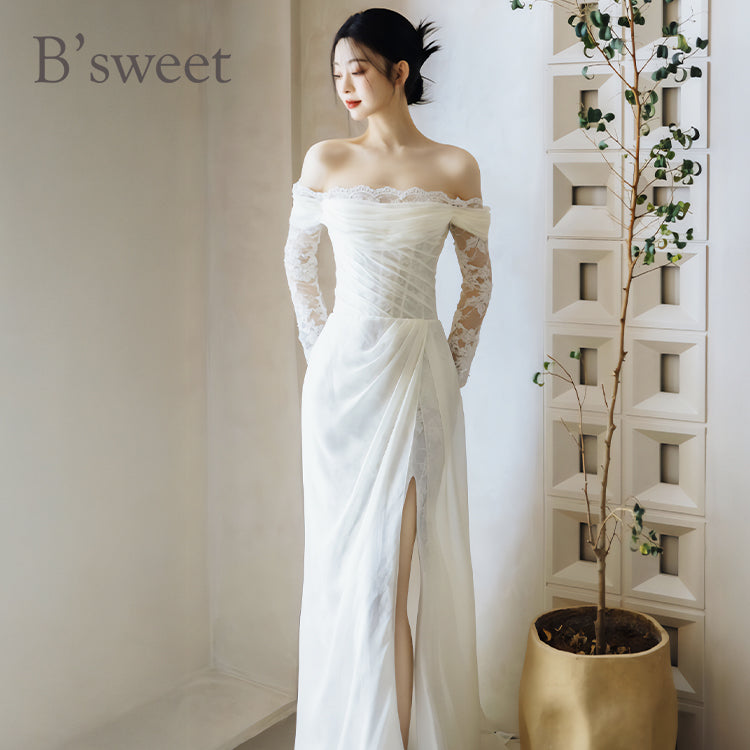 wd703sx】レーススリーブオフショルダースリットドレス スレンダー