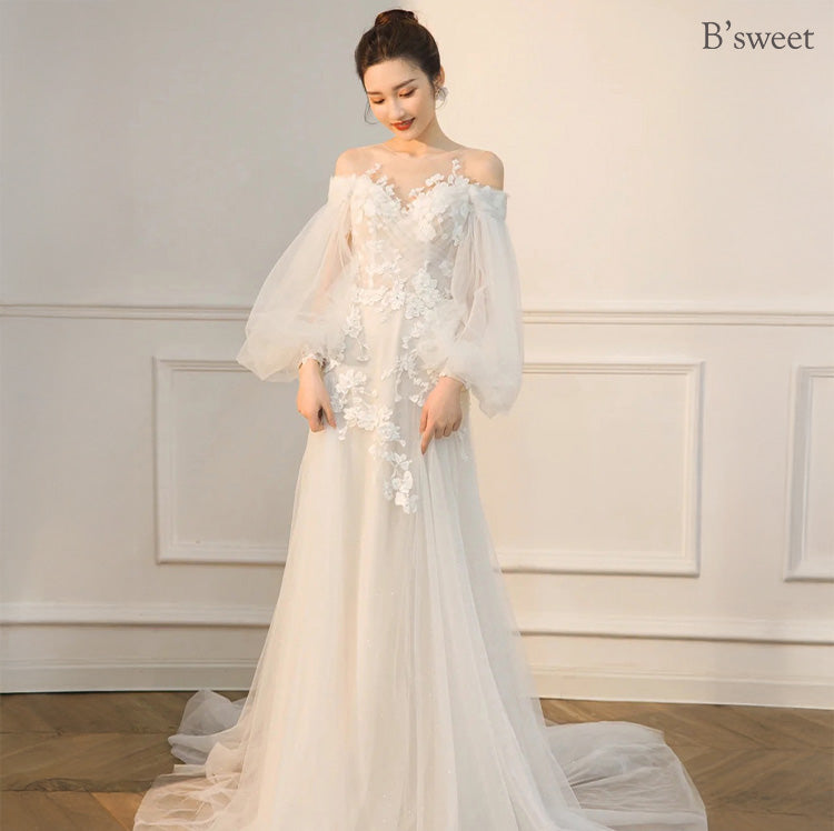 wd711as】ボリュームスリーブオフショルダードレス スレンダーライン