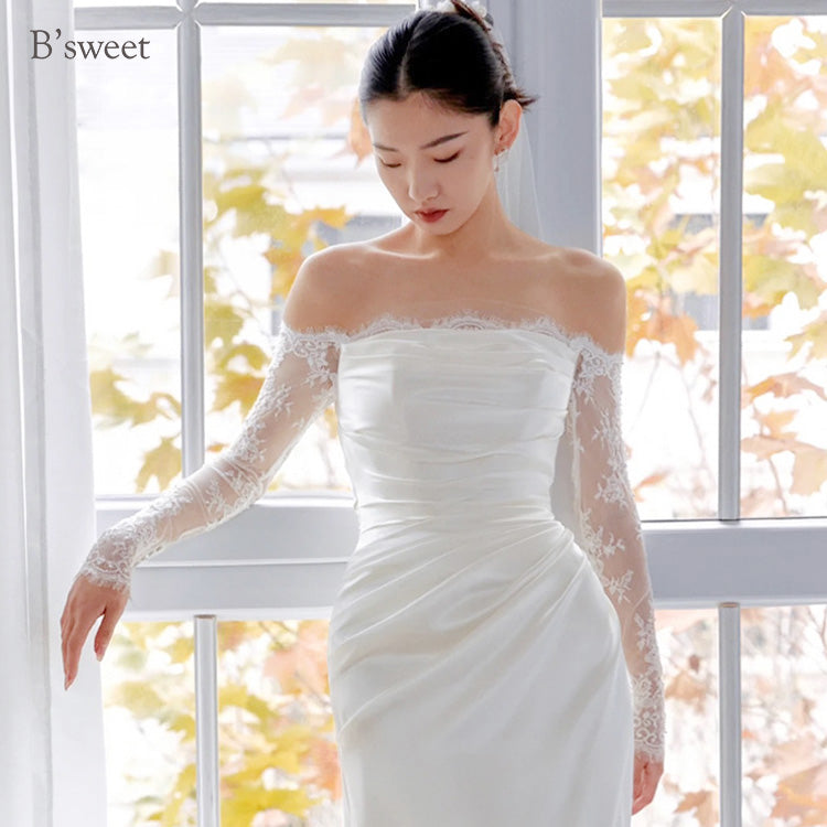 wd707sr】レースロングスリーブオフショルダードレス スレンダーライン