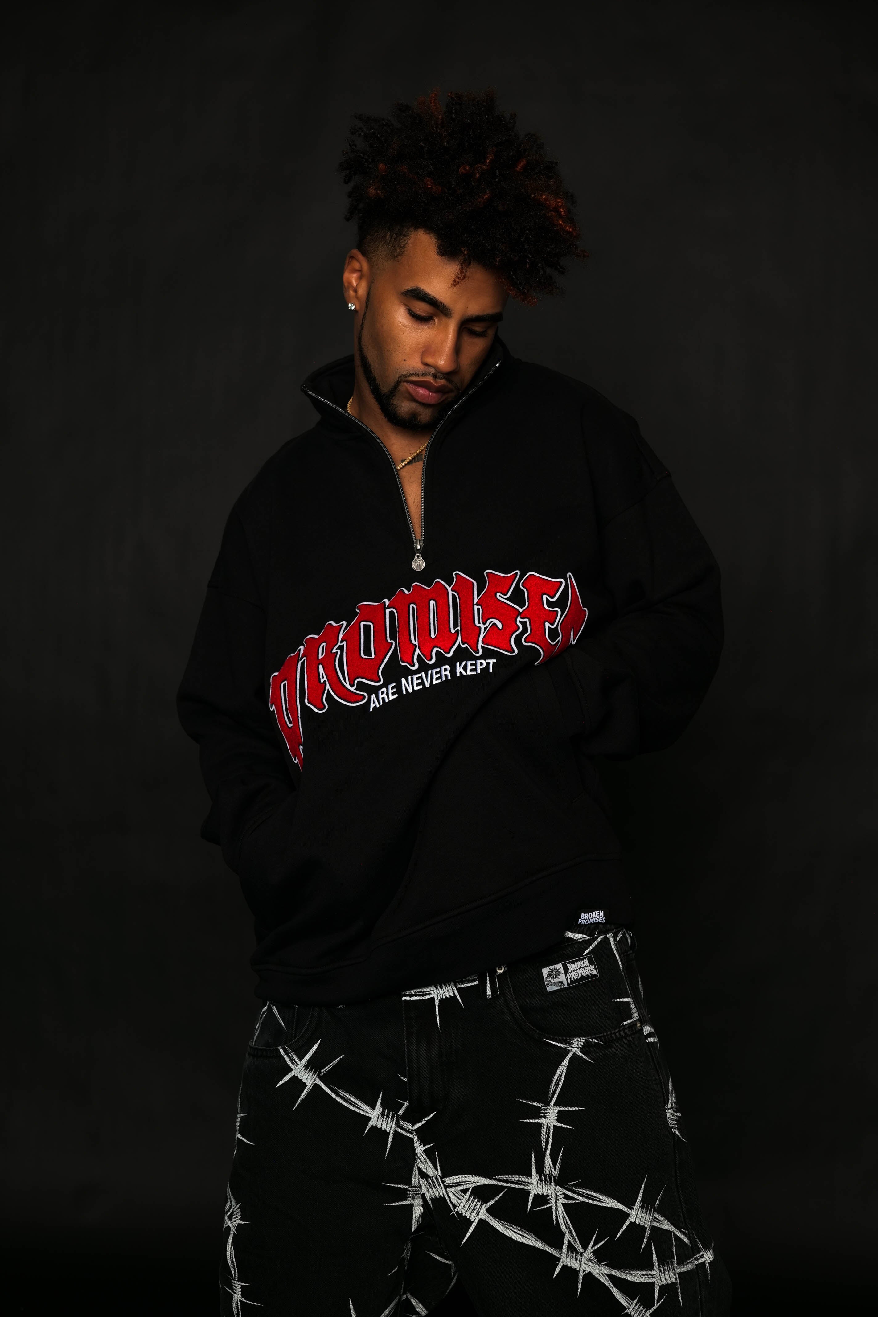 Never Kept Applique Quarter Zip Black – Broken Promises Co
