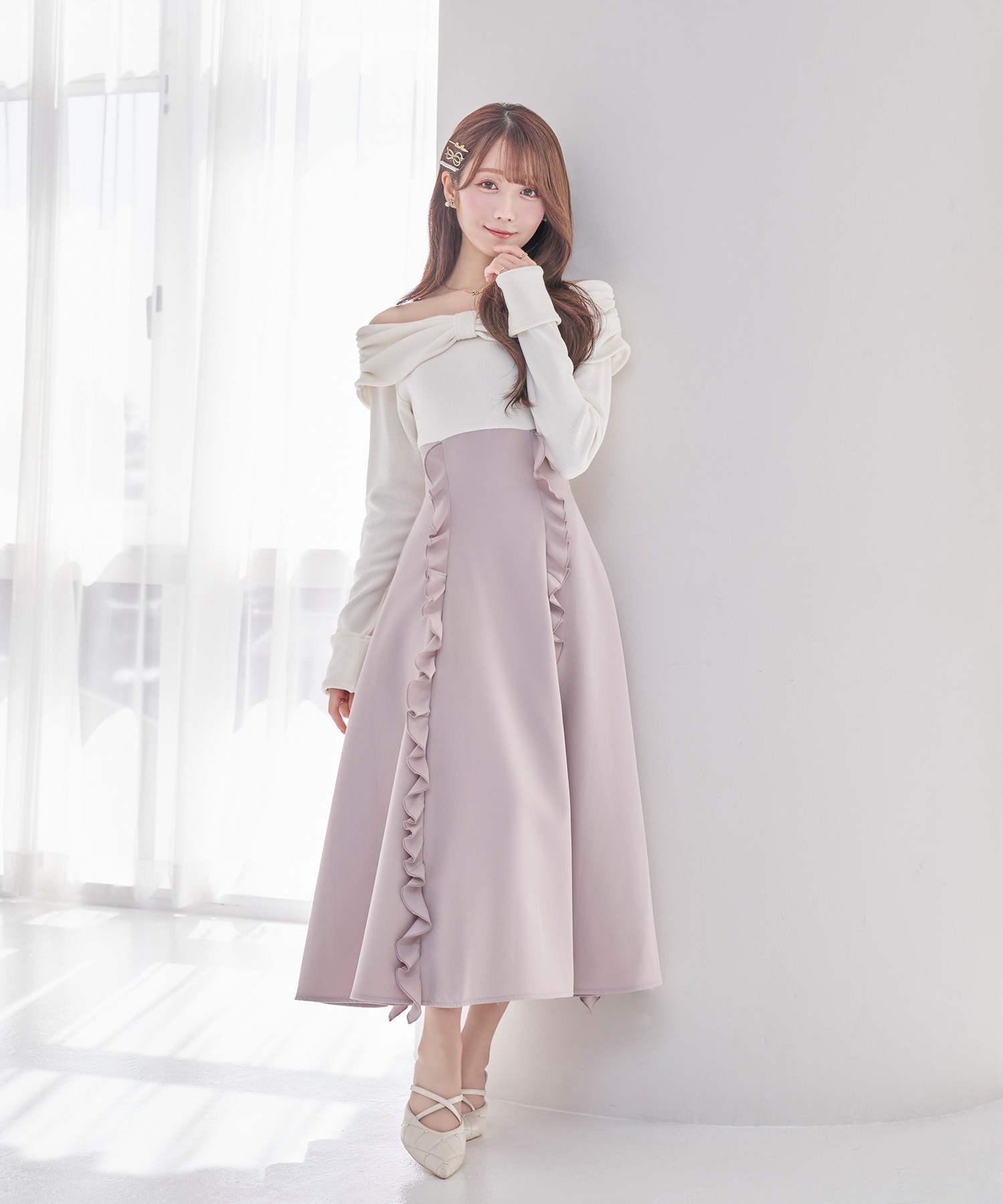 受注予約：decollete ribbon flared dress【pink】 – BUNNY APARTMENT
