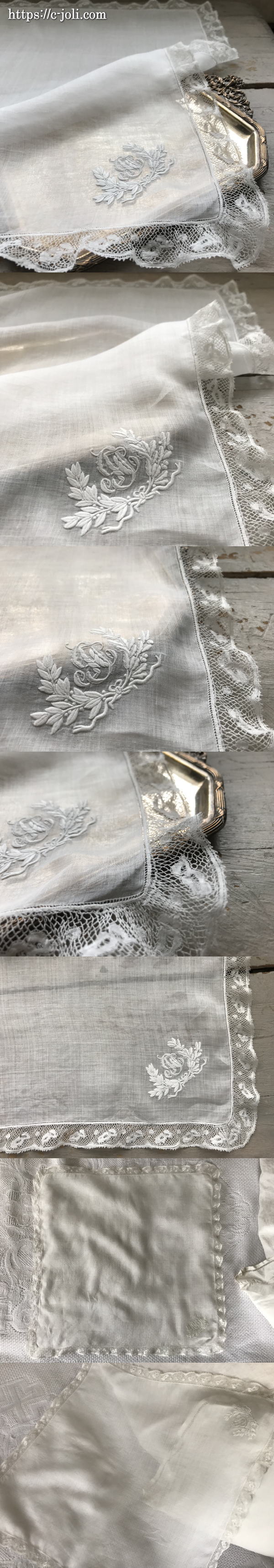 E-978 フランスアンティークレースハンカチ ホワイトワーク手刺繍