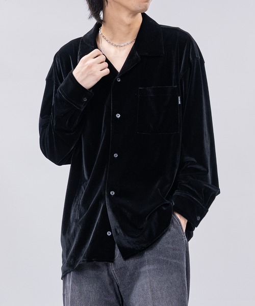 a】〔NAIVE MAGIC〕ルーズサイズ オープンカラー ベロアシャツ（シャツ