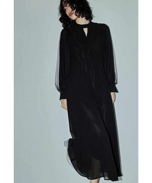 Vネックシアースリーブドレス キーホールネック シンプル 結婚式 成人