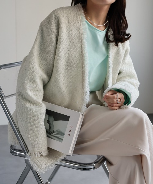 セール】【選べるデザイン】ツイードポケットノーカラージャケット