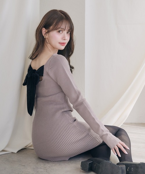 2way velour ribbon mini knit onepiece / 2way ベロアリボンミニ