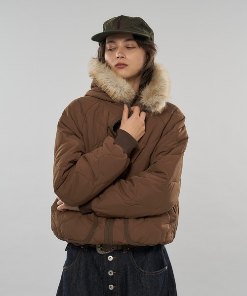 セール】【 3color/ 3size 】2WAY DRAW CODE QUILTING FAKE FUR HOOD