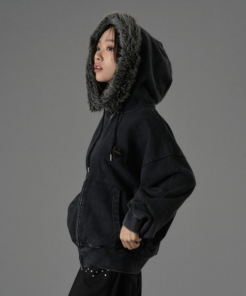 HEART PATCH FAUX-FUR ZIP HOODIE / ハートパッチフェイクファージップ
