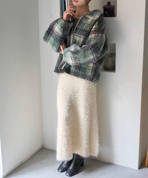 セール】チェック柄 ショート丈 ボリュームスリーブ ボアジャケット