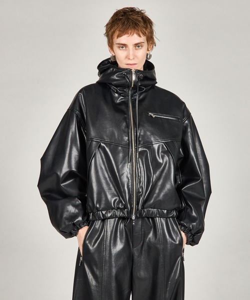 フェイクレザーパテッドトラックジャケット / Faux Leather Padded