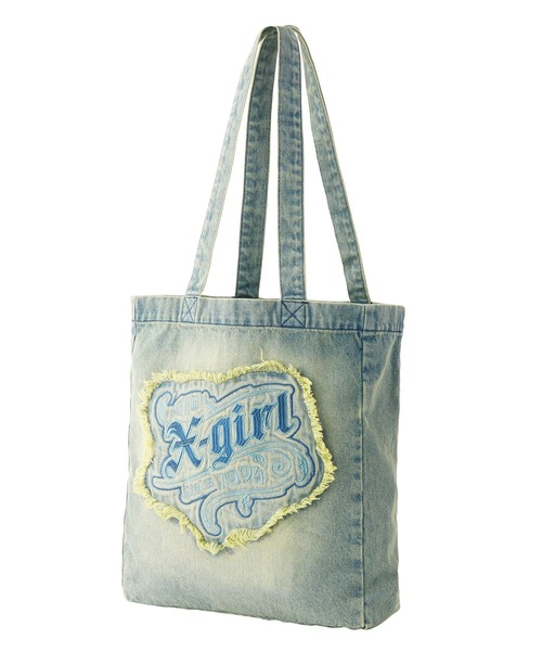 X-girl（エックスガール）の「FADED LOGO PATCH DENIM TOTE BAG