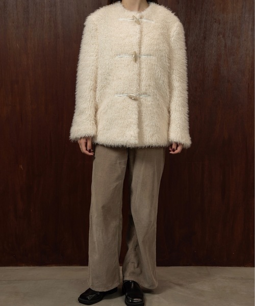 toggle button boa nocollar coat / トグルボタンボアノーカラーコート