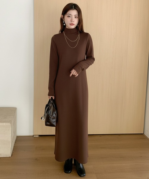 セール】【選べる着丈】裏起毛 タートルネックマキシワンピース
