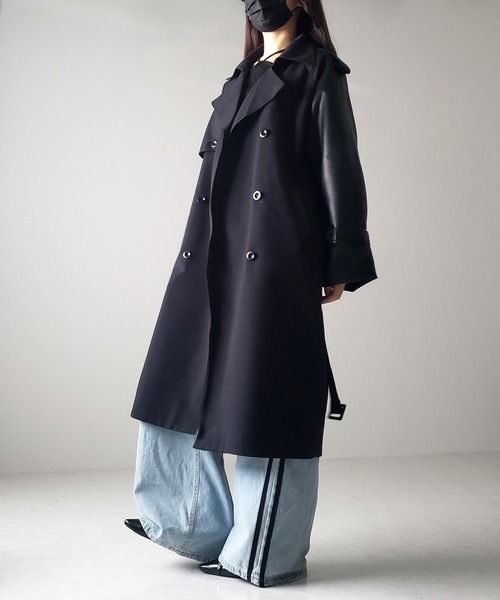 3COLOR 】フェイクレザードッキングロングトレンチコート（トレンチ