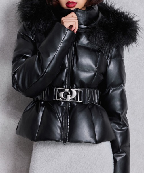 GDベルト付きフェイクレザーショートダウンコート（ダウンジャケット