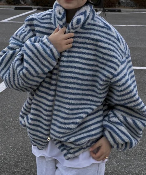 セール】ストライプ柄ハイネックフリースジャケット（その他アウター