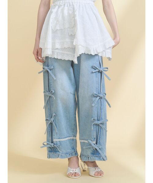 merry jenny（メリージェニー）の「バレルレッグリボンデニムパンツ