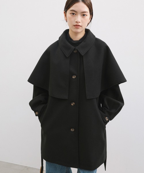 セール】ケープ＆ベルト付きフェイクウールミドルコート（ステンカラー