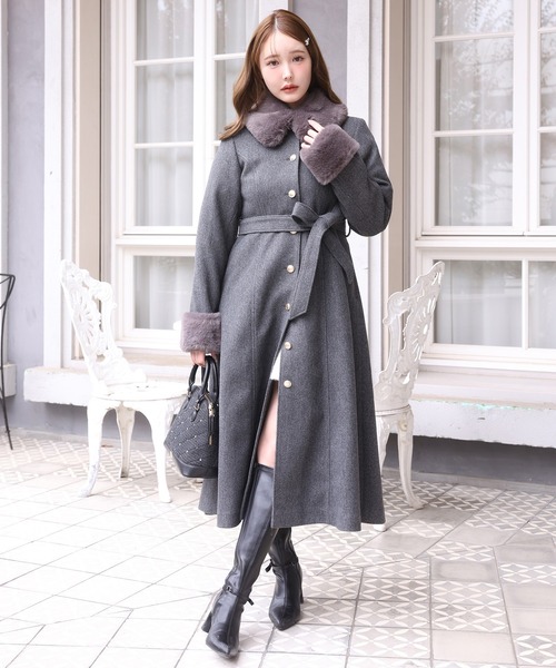 セール】【サイズ展開あり】襟袖フェイクファーロングコート（ステン