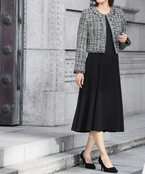 セール】ツイードノーカラージャケット フレアワンピース セットアップ