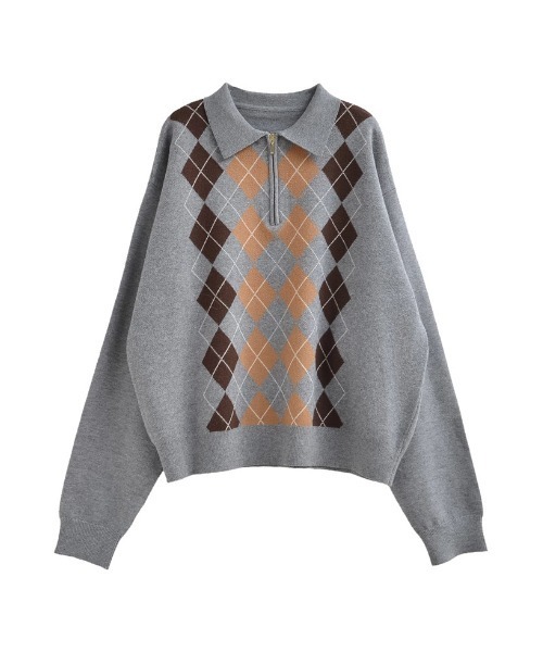 セール】アーガイル柄ハーフジップニットトップス（ニット/セーター
