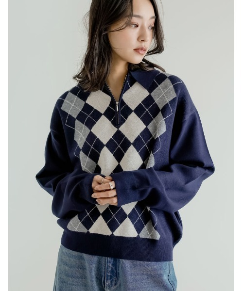 セール】アーガイル柄ハーフジップニットトップス（ニット/セーター