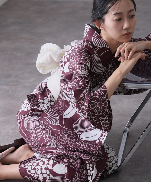 大人浴衣2点セット洗える 綿麻帯 兵児帯 女性 黒 選べる シック レトロ