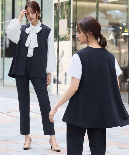 セール】【3点セット】Vネックジレ ボウタイブラウス テーパードパンツ